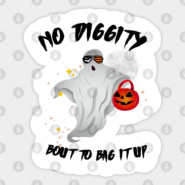 No Diggity Bout To Bag It Up Cute Ghost Halloween Kids Candy Sticker by DesignHND